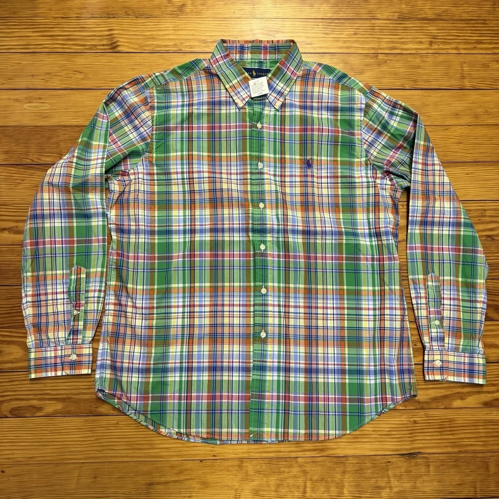 Ralph Lauren Shirt Mens XL Green Purple Plaid Long Sleeve Button Down Pony